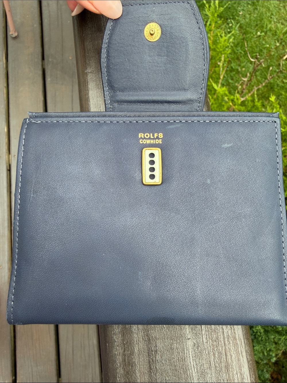 Rolfs Navy Cowhide Leather Wristlet wallet with Gold Hardware